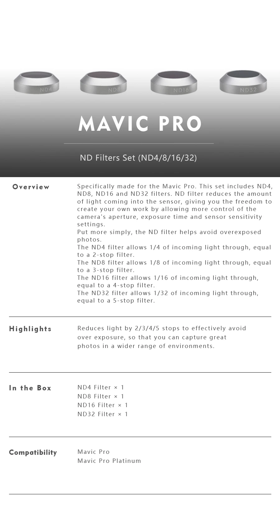 DJI Mavic Pro drone фильтр ND для камеры для Mavic Pro/Mavic Air, набор фильтров с ND4/8/16/, ND4/8/16/32 аксессуары для дрона