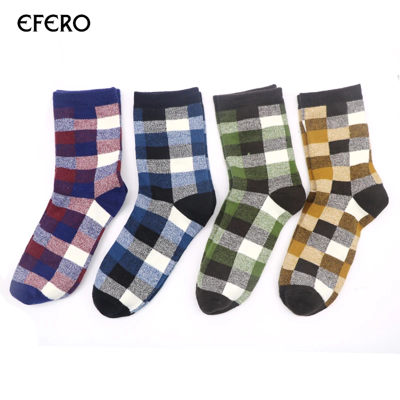 

4 Pair efero Cotton Grid Sock for Mens Casual Business Dress Socks Fashion Grid Short Sock Winter Autumn Warm Male Ankle Socks