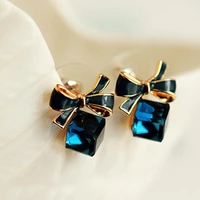 2 kinds dark blue cubic rhinestone sleek golden bow knot stud earrings for women piercing jewelry