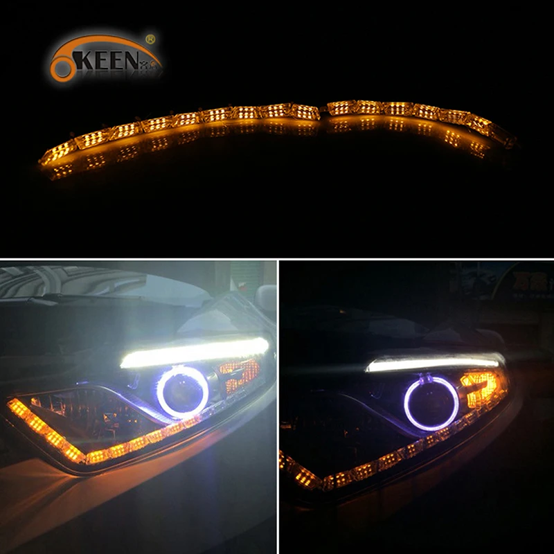 OKEEN Fire Ghost mode DRL Белый/янтарный горящий светодиодный светильник Knight Rider, Полоска, светильник с последовательным потоком сигнала поворота, головной светильник с ангельским глазом