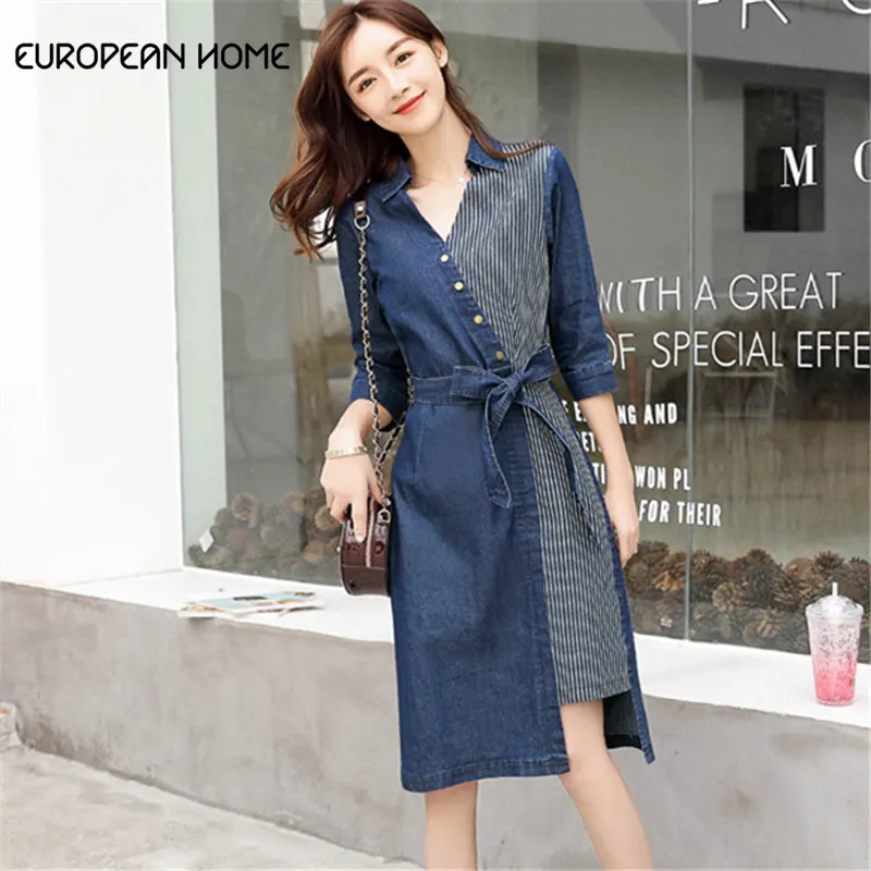 Женское джинсовое платье в европейском стиле повседневное корейское с v образным