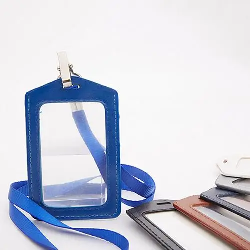 

Hot Fashionable ID Badge Card Holder Faux Leather Frame Clear Case Cover Lanyard