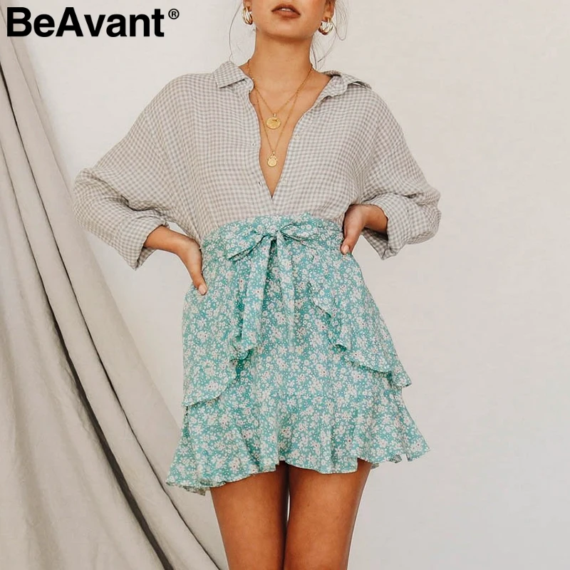 BeAvant Vinatge, женская короткая мини юбка с цветочным принтом,, летняя пляжная хлопковая юбка, Женская юбка с высокой талией, бохо, Женская юбка