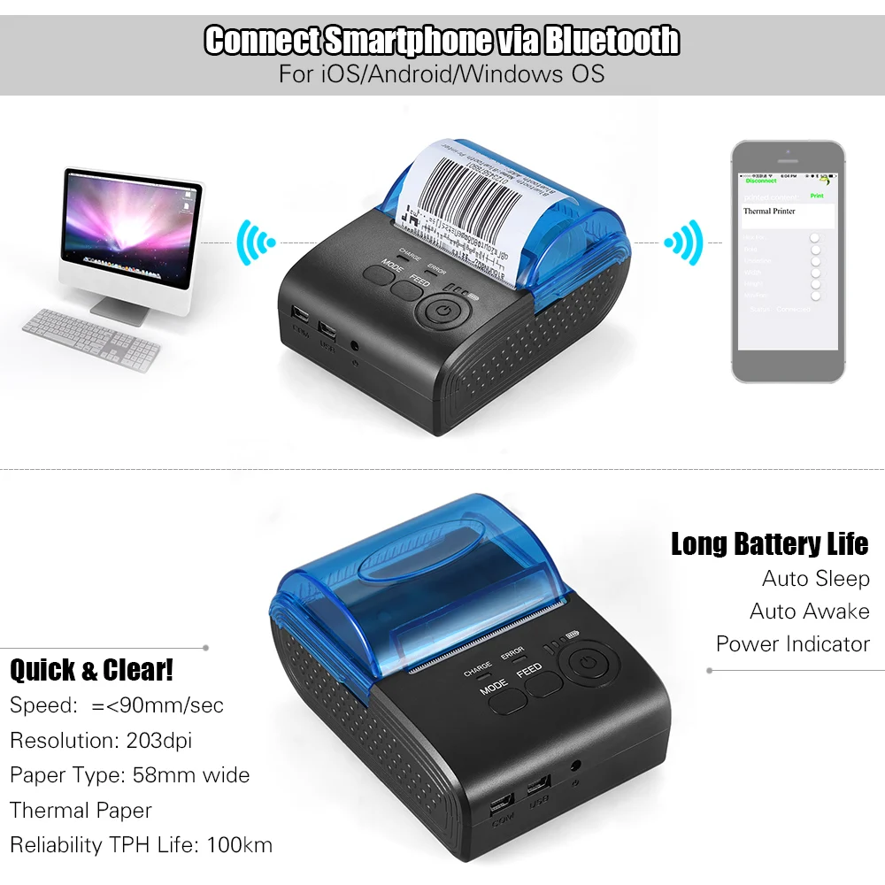 POS 5805DD портативный мини 58 мм Беспроводной USB термопринтер для чеков билетов