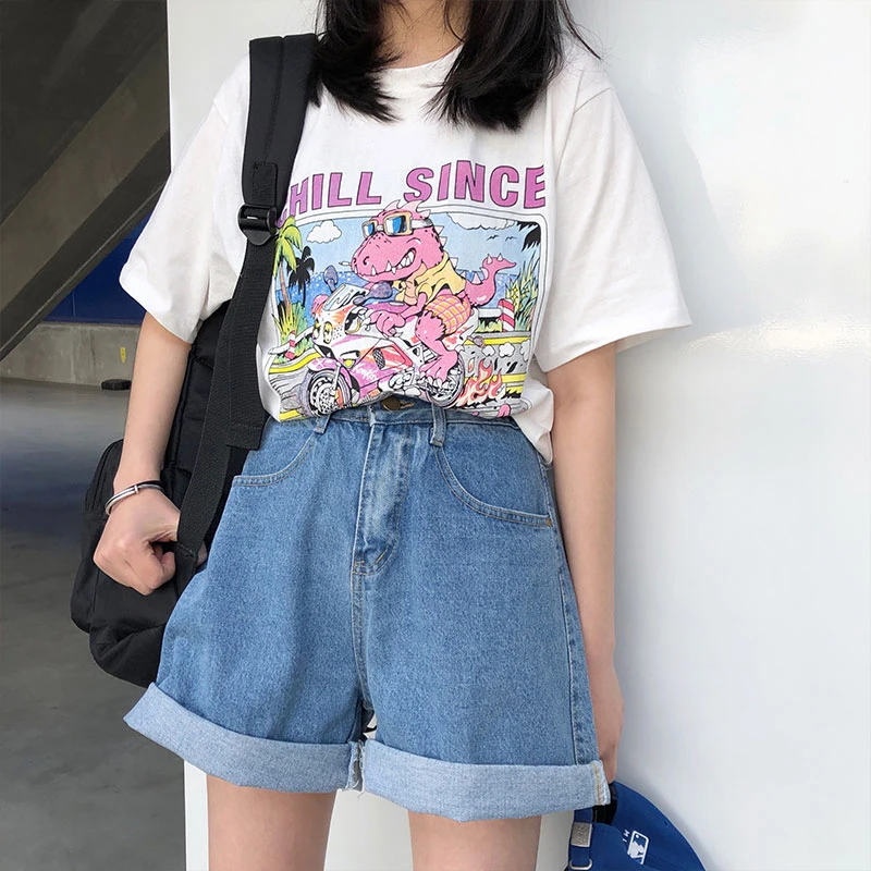 Черные летние женские шорты с карманами Harajuku Kawaii повседневные белые джинсы