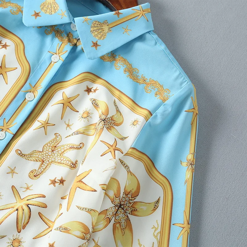 2018 New Spring Vintage Print Women Sets High Quality Fashion Full Sleeve Turn-down Collar Shirts +Pleated Skirts Retro Suits | Женская