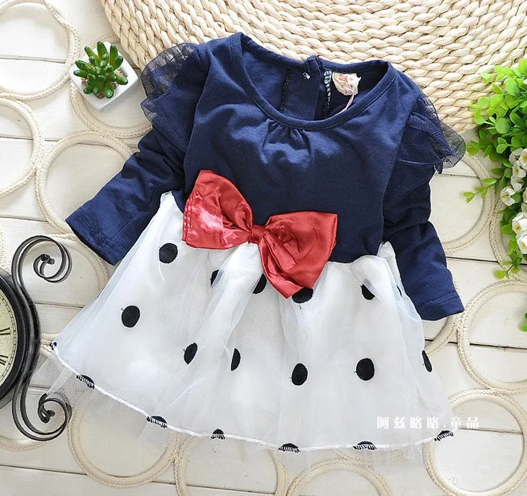 New boats sleeve cotton autumn dot bow veil 2014 new girls tutu dress free shipping | Мать и ребенок