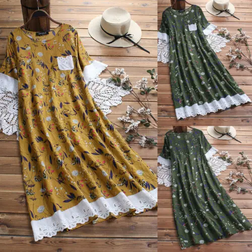

2019 Plus Size Women's Linen Summer Print Short Sleeve Long Dresses Ladies Casual Dress