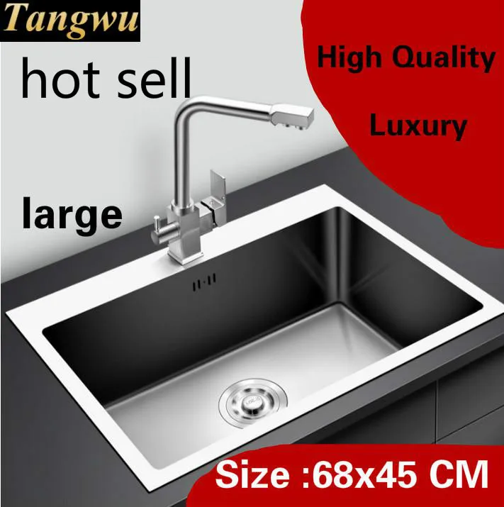 

Free shipping Home high quality large kitchen manual sink single trough wash vegetables durable 304 stainless steel 68x45 CM