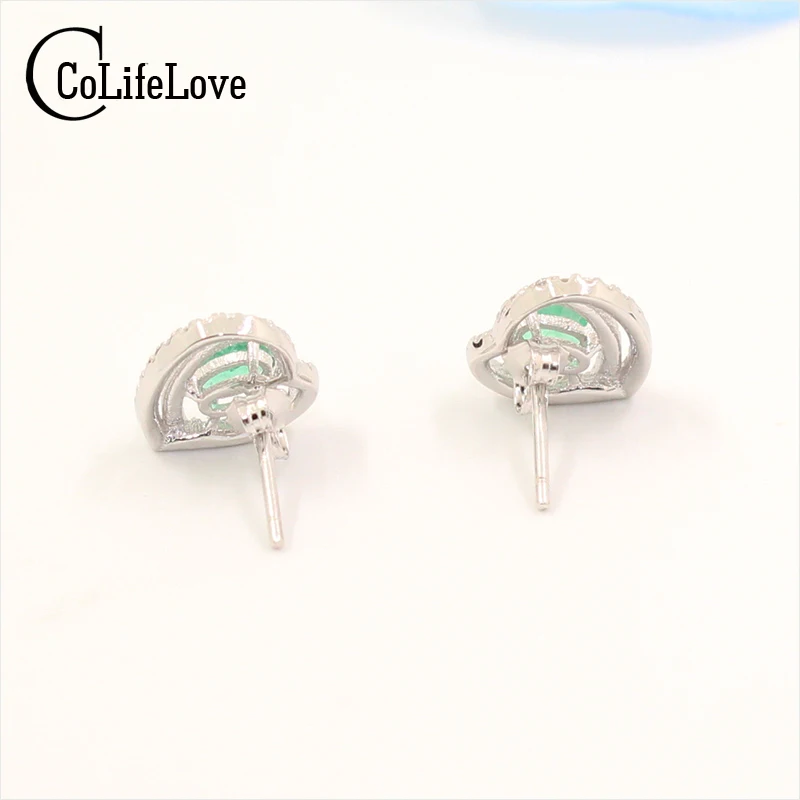 Женские серьги гвоздики из серебра 925 пробы с натуральным изумрудом 3 Х5 мм|stud