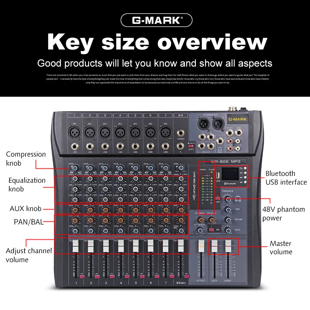 G MARK MR80S аудио микшер музыкальная студийная микшерная консоль аналоговая 7 моно 1