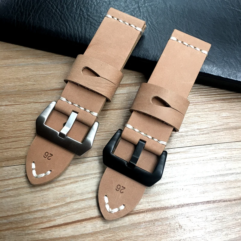 

Handmade 24mm 26mm Khaki Italy Genuine Leather Watchband Vintage Soft Thick Wristband Calfskin Strap For PAM Garmin fenix