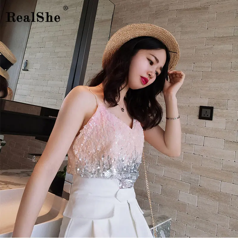 Женский топ RealShe с треугольным вырезом без рукавов блестками на лето 2019|Майки| |