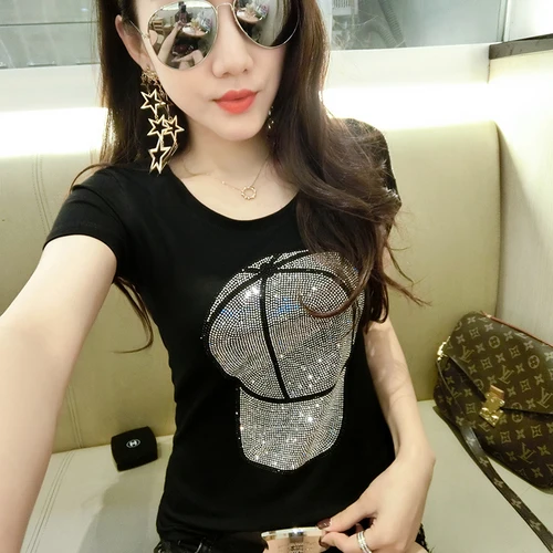 Camisetas mujer verano, летние хлопковые футболки с блестками, женские топы с коротким рукавом, женские футболки, желтые, черные, для девушек - Цвет: 2