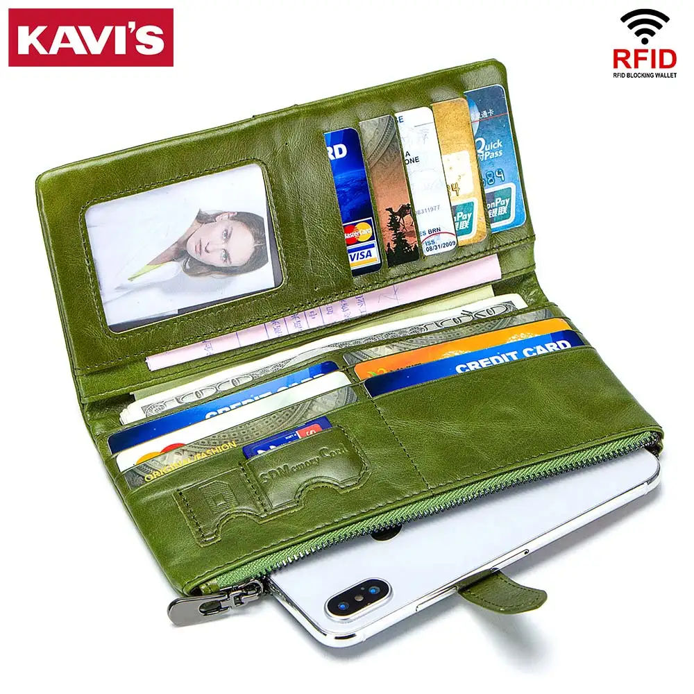 

KAVIS Long Genuine Leather Women's Wallet Fashion Slim Female Purse RFID Protection Travel Credit Card Holder with Phone Pocket