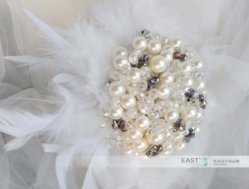 6-дюймовый свадебный букет брошь с жемчужинами из перловой пурпурной перьевой айвори для невесты.