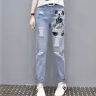 S-3XL женские джинсовые рваные брюки с Микки-Маусом, винтажные прямые джинсы для девушек, повседневные брюки со средней талией, размера плюс