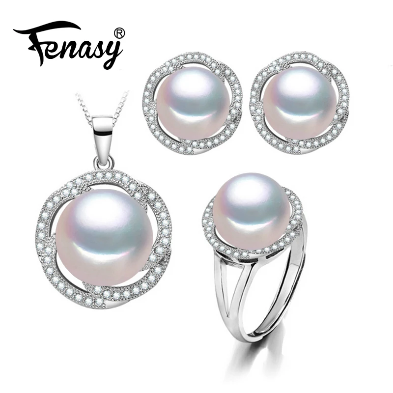 

FENASY 925 Sterling Silver natural pearl jewelry sets for women stud earrings bohemian trendy flower pendant necklace ring set