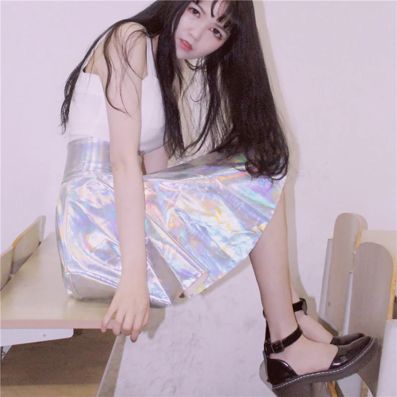 Летняя женская юбка в стиле Харадзюку серебристая голографическая