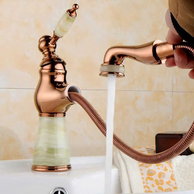 

Европейский Золотой Умывальник Ретро Медь кран холодной и горячей одно отверстие Jade накачки кран для семей, Отели, квартиры,