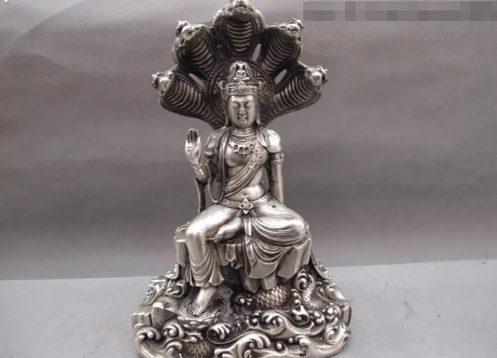 

150624 S2108 11 Tibet Buddhim temp White Copper Silver 5-Heads Snake Naga Kanya buddha statue