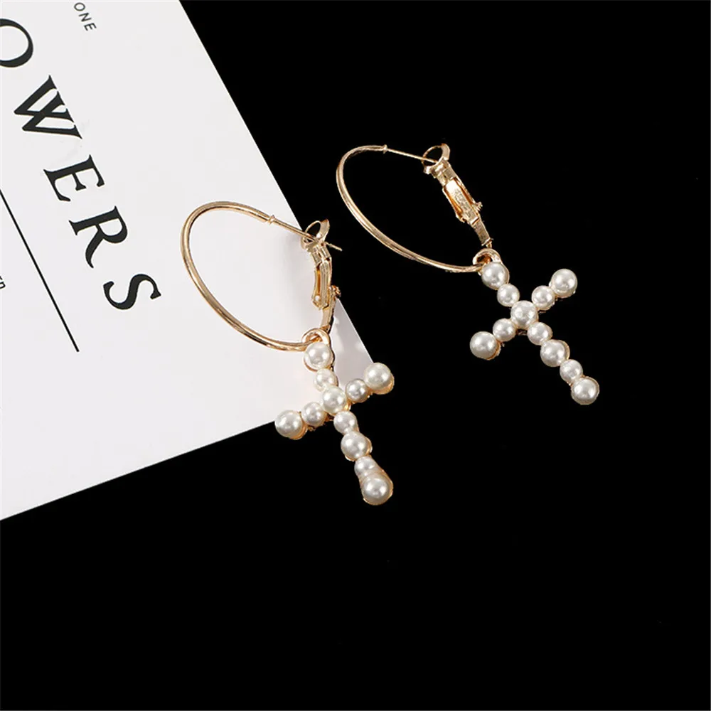 CRLEY earring cross pearl Drop Earrings For Women Gold Color Round Circle Connected Elegant Female Christmas Gifts | Украшения и