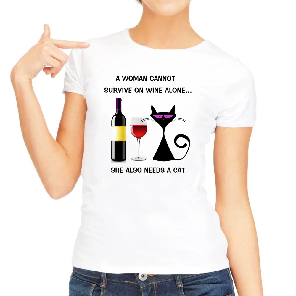 Женская футболка с надписью Can Survive on Wine Alone женская изображением кошки летние