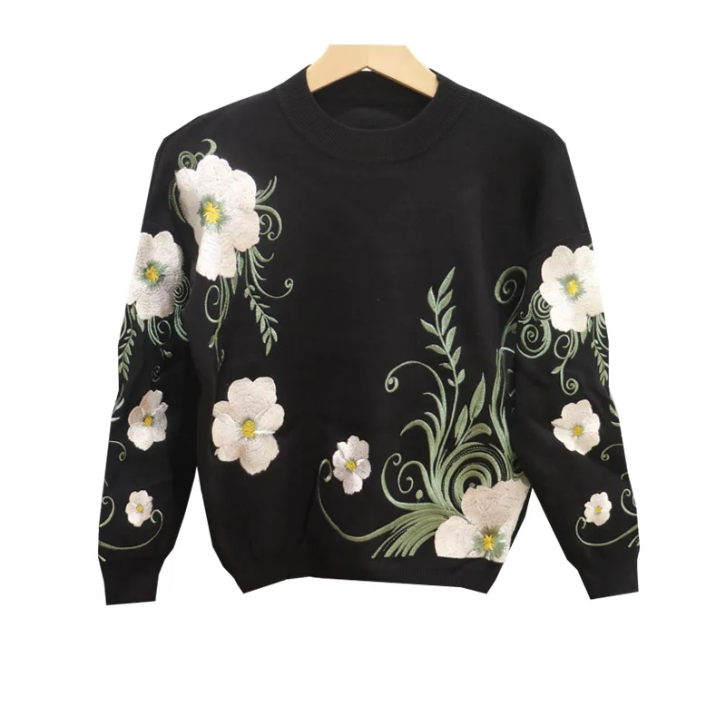 Women's 2 Pieces set Autumn Winter Flower Embroidered Loose Knitted Sweater + Harem Trousers Two women Pants Set |