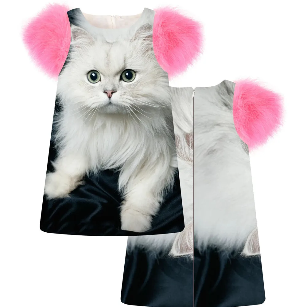 Children Girls Dress fashion Spring/Autumn faux fur sleeve girls printing White Cat Toddler Kids Dresses baby Clothing | Детская одежда