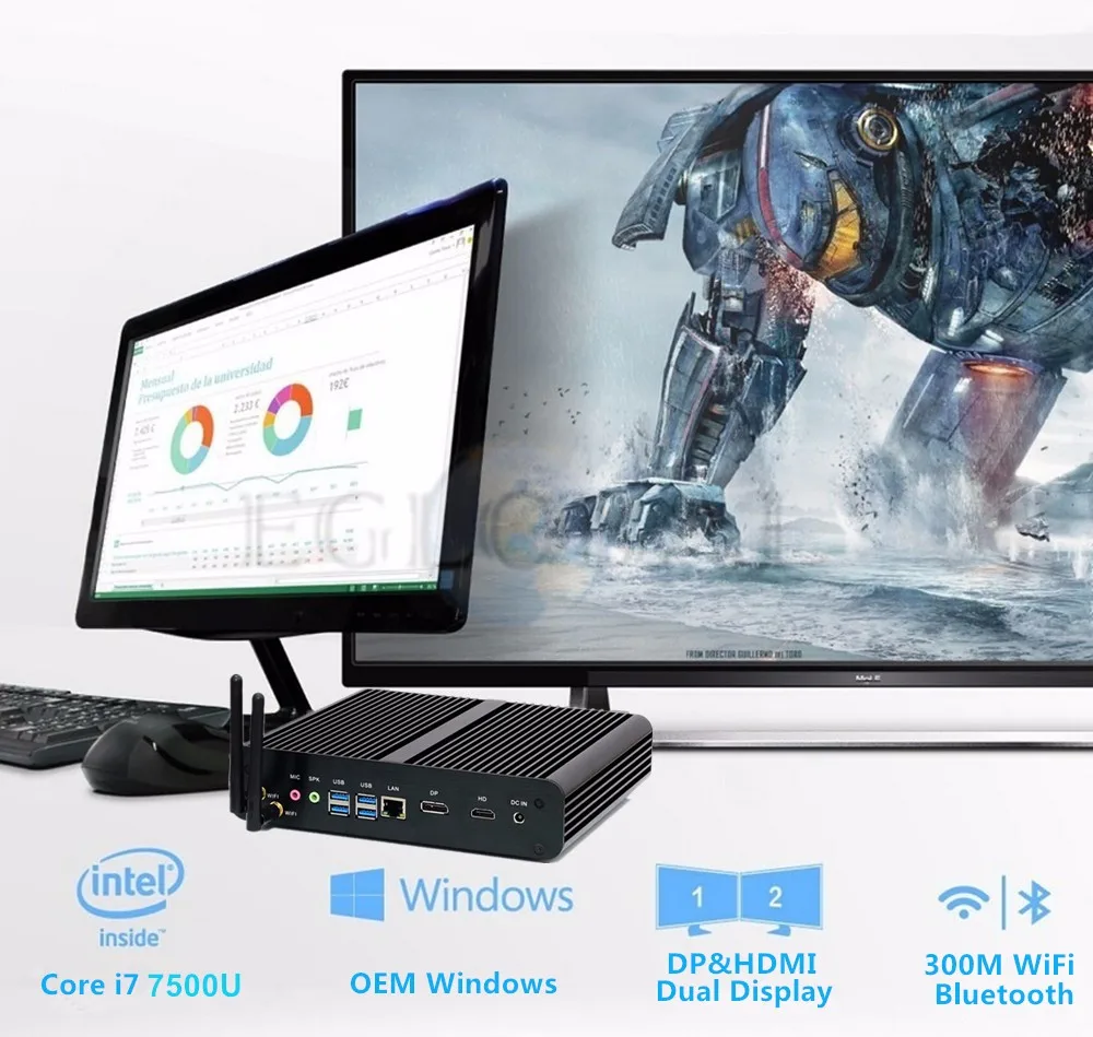 [Новейший 7th Gen Core i7 7500U] Windows 10 безвентиляторный мини-ПК 300M Wifi настольный компьютер