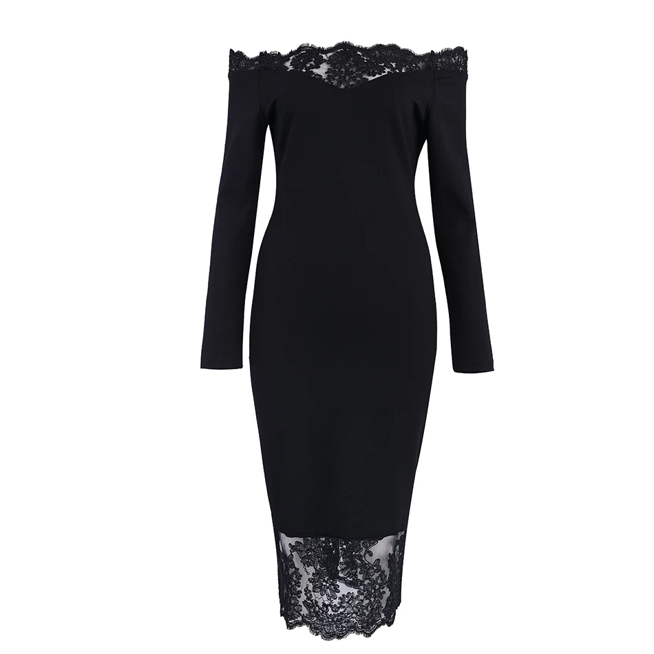 Seamyla, новинка, женское Бандажное платье, Vestidos, с вырезом лодочкой, кружевное, для знаменитостей, вечерние, сексуальное, винно-красное, черное, облегающее, Клубное платье - Цвет: Черный