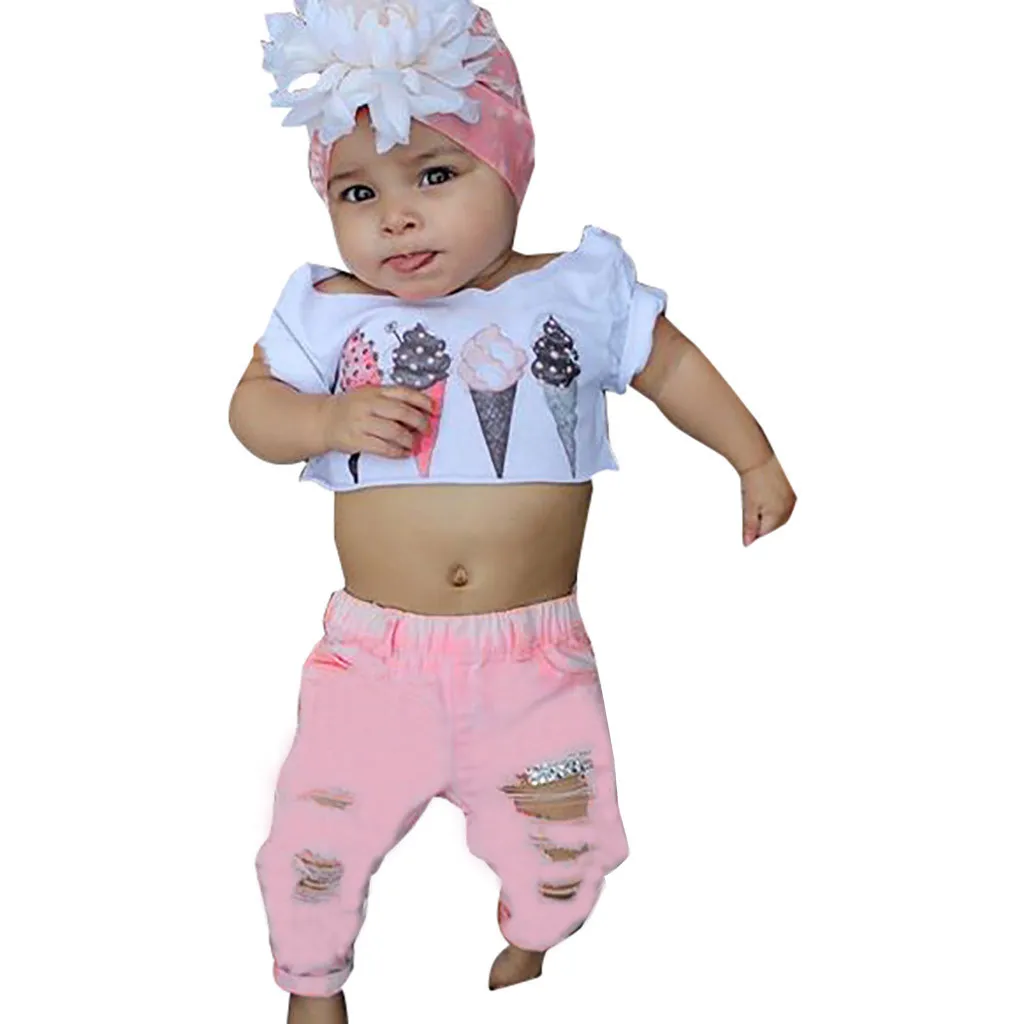 2PCs Newborn Kid Girls Short Sleeve Cartoon Print Tops +Pants Outfits Sets |
