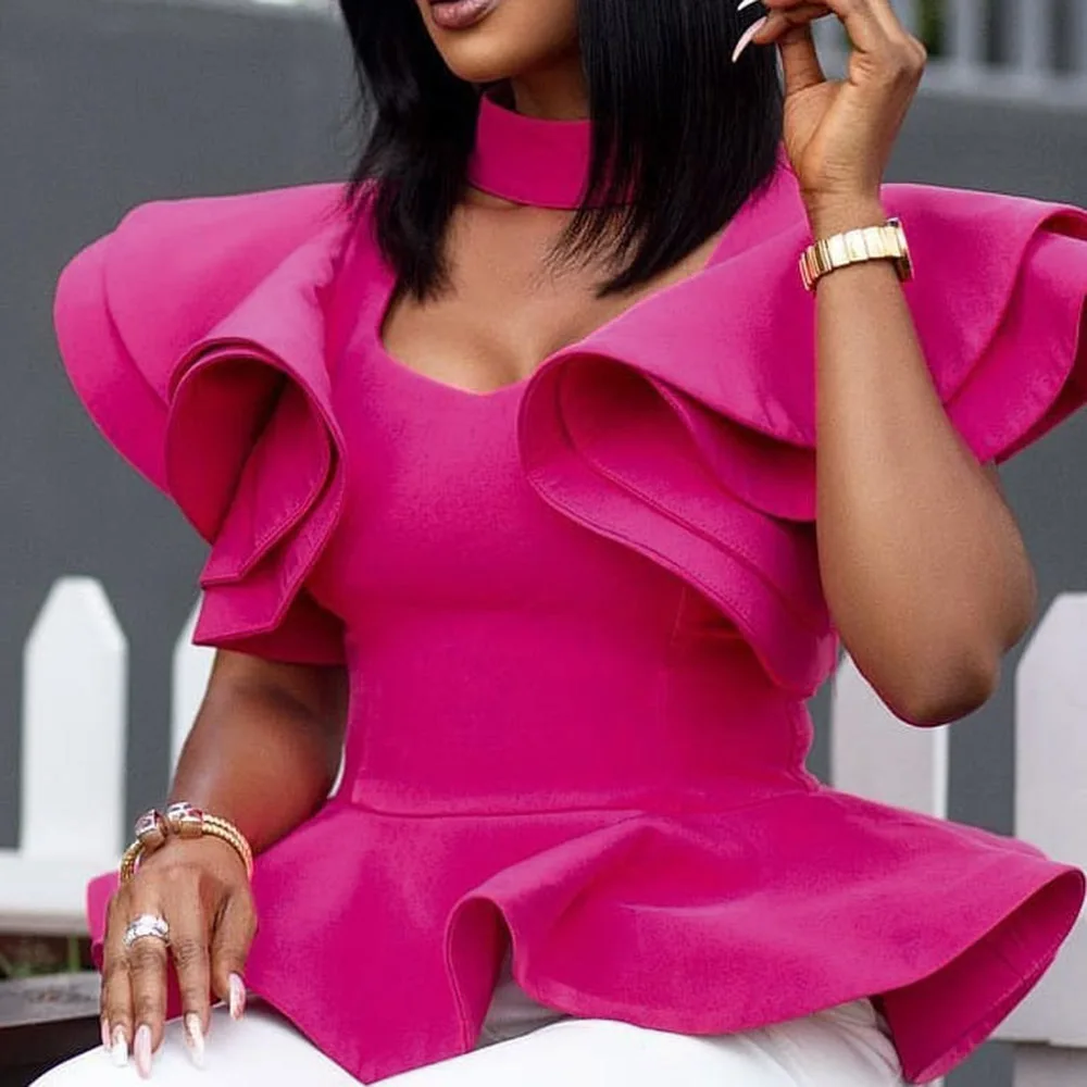 Африканские женские Топы Блузки 2019 летние простые Falbala с коротким рукавом блузки