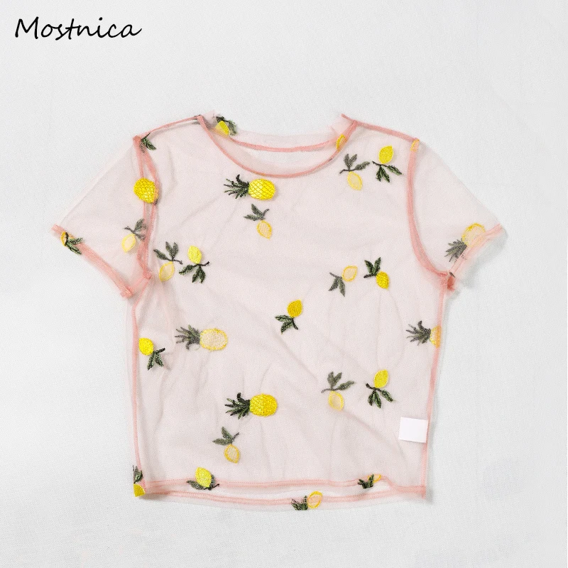 Mostnica Summer Beach Transparent Mesh T-shirt for Woman Sexy Pineapple and Lemon Embroidery Short Sleeves Sheer Lady Tops 2019 | Женская