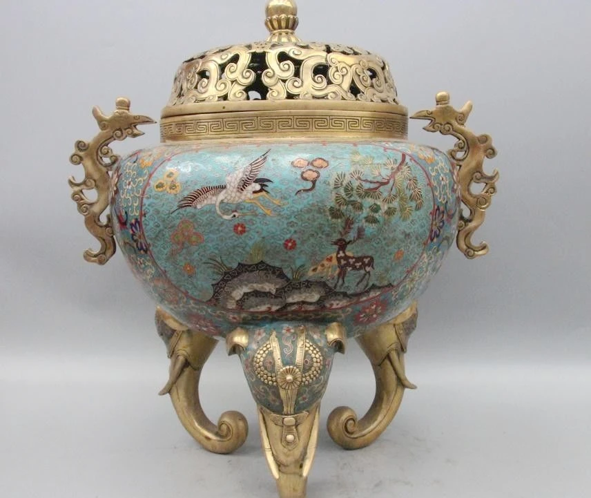 

21" China Bronze Cloisonne Enamel Dragon Phoenix Elephant Incense Burner Censer