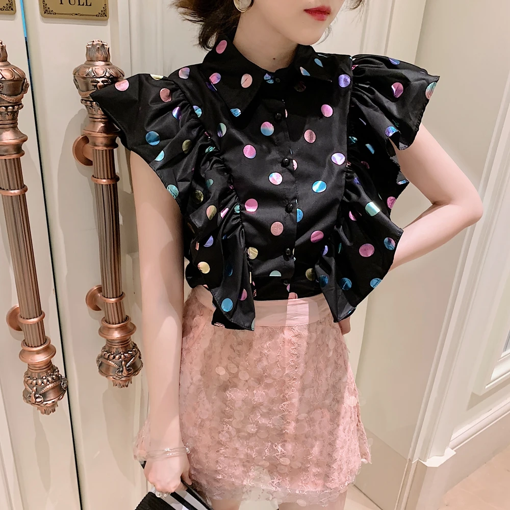 Женские рубашки без рукавов с оборками милые короткие топы женские в горошек