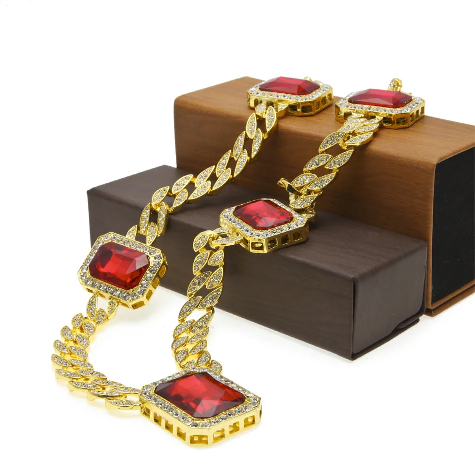 Bling Chain Mens Gold Color Iced Out Red Rhinestone Octagon Hip Hop Pendant 30" Necklace | Украшения и аксессуары