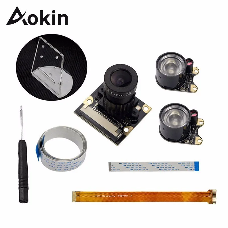 

Aokin 5mp Camera Focal Adjustable Night Camera + Acrylic Version Light Holder +2 IR Light + Fcc Cables Kit For Raspberry Pi 3 B+