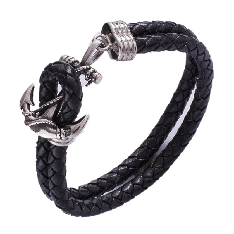 Trendy Male Jewelry Punk Black Braided Leather Bracelet Men Anchor Stainless Steel Clasp Bangles Man Bracalete PW765 | Украшения и