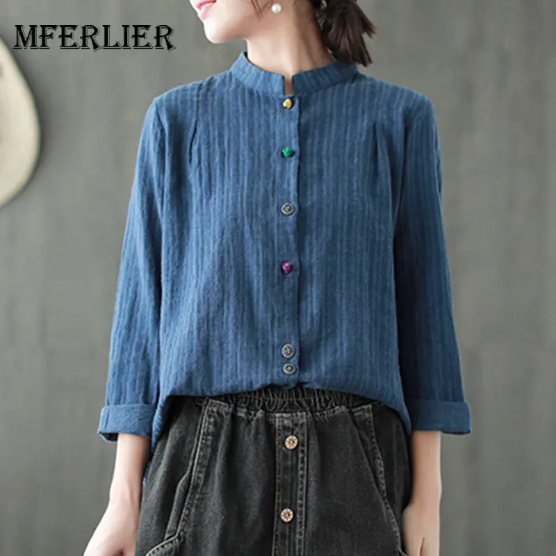 Blue Mferlier Women Blouse Stand Collar Long Sleeve Panelled Colorful Buttons Cotton Linen Artsy Ladies Autumn Blouse - Цвет: Blue