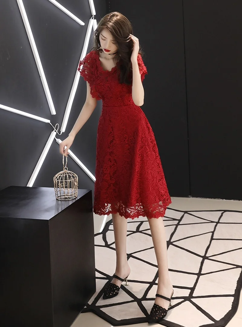 Платье вечерние платье, вечерний наряд невесты сестры Vestido сексуальные кружевные бордовые платья TS702