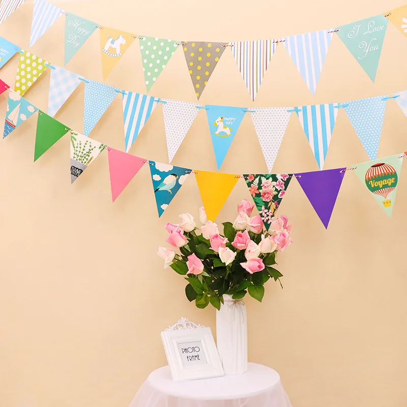 Triangle pull flag hanging ornaments Children's Day birthday party decoration creative cartoon flower banner | Дом и сад