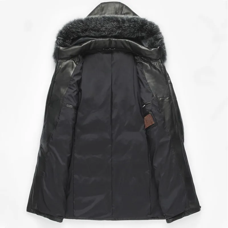 

Hot 100% Genuine Leather Down Jacket Hooded Warm Long Man Coat Top Quality Luxury Sheepskin Leather Jacket Large Size L-5XL