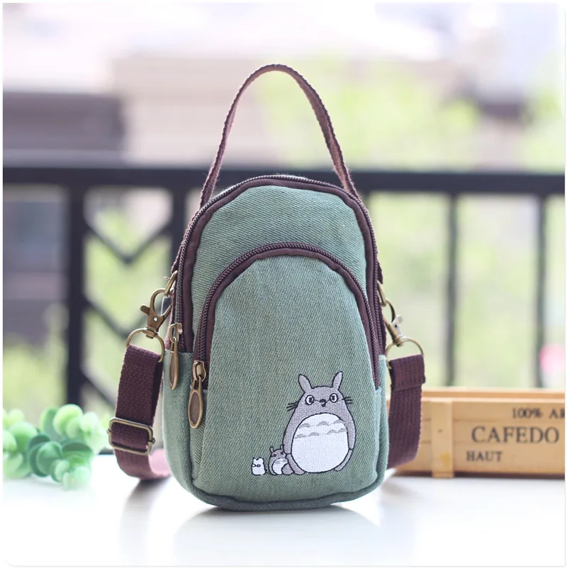 Totoro-green Повседневные женские холщовые сумки с мультяшным медведем Тоторо, маленькая сумка на плечо для девушек, сумки на молнии для мобильных телефонов, большая ВМЕСТИТЕЛЬНОСТЬ - Цвет: Totoro-green