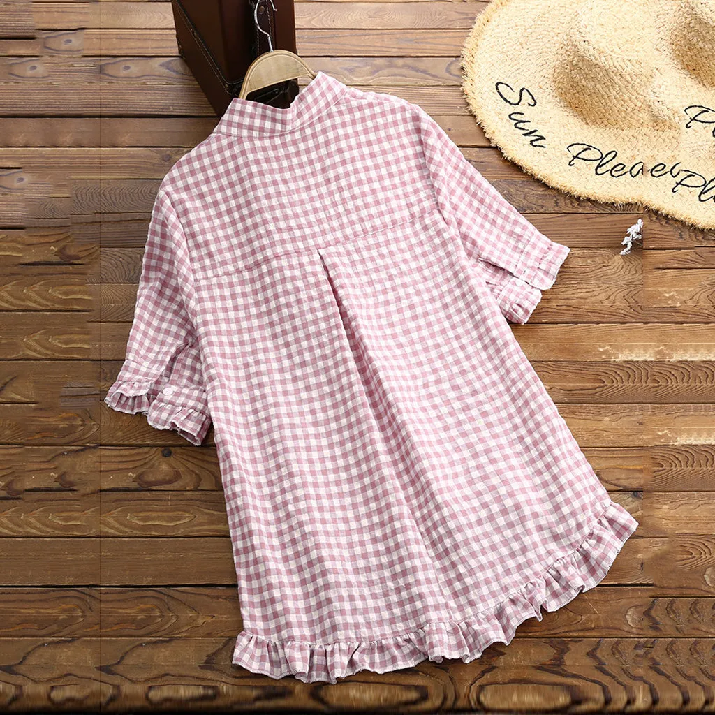 Женские блузки с принтом в клетку отложным воротником и расклешенными рукавами