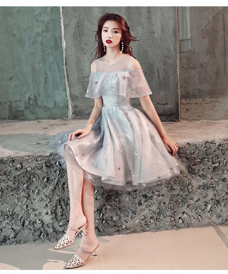 Homecoming Dresses Gray Short A Line Graduation Dress Junior Illusion Neck Special Occasion Dress Gown In Stock Real Photo DQ944