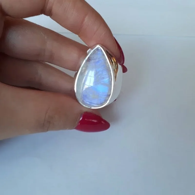 OMHXZJ,, Европейская мода, женские, мужские, вечерние, свадебные, подарок, серебряный, белый, в форме капли воды, лунный камень, 925 пробы, серебряное кольцо, RR34 - Цвет камня: white
