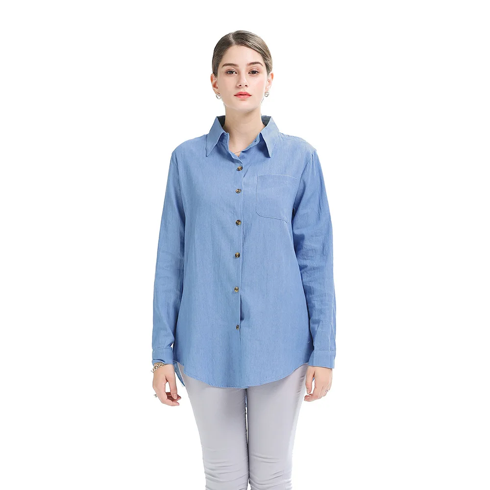 

Женская Повседневная Свободная рубашка с длинным рукавом, хлопковая джинсовая рубашка с отложным воротником, большие размеры, XL-5XL, 2019