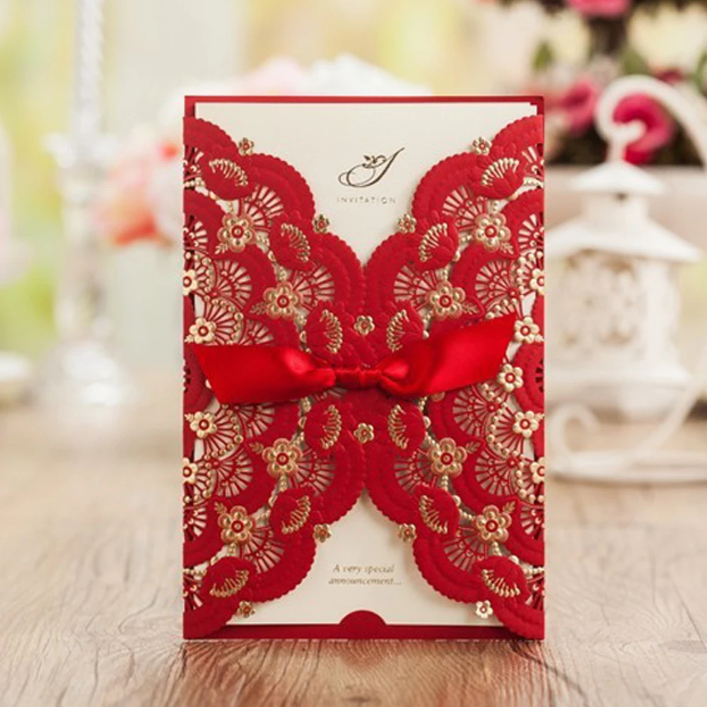 WISHMADE красная лазерная резка свадебные пригласительные открытки с бантом