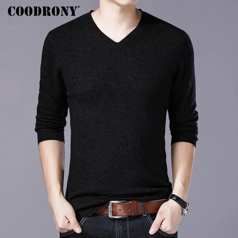 COODRONY, свитер из чистой мериносовой шерсти для мужчин, Осень-зима, толстый теплый мужской свитер, кашемировый пуловер, Мужской Повседневный пуловер с v-образным вырезом W006 - Цвет: Black Grey